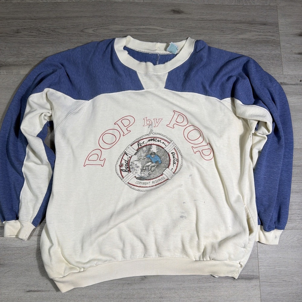 Vintage 60s 70s Pop by Pop Football Style Sweatshirt Mens L Blue‎ White Made USA